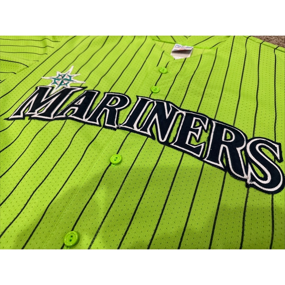 Vintage Seattle Mariners Stitched MLB Majestic Lime Green Pinstripe Jersey 2XL - Picture 2 of 5